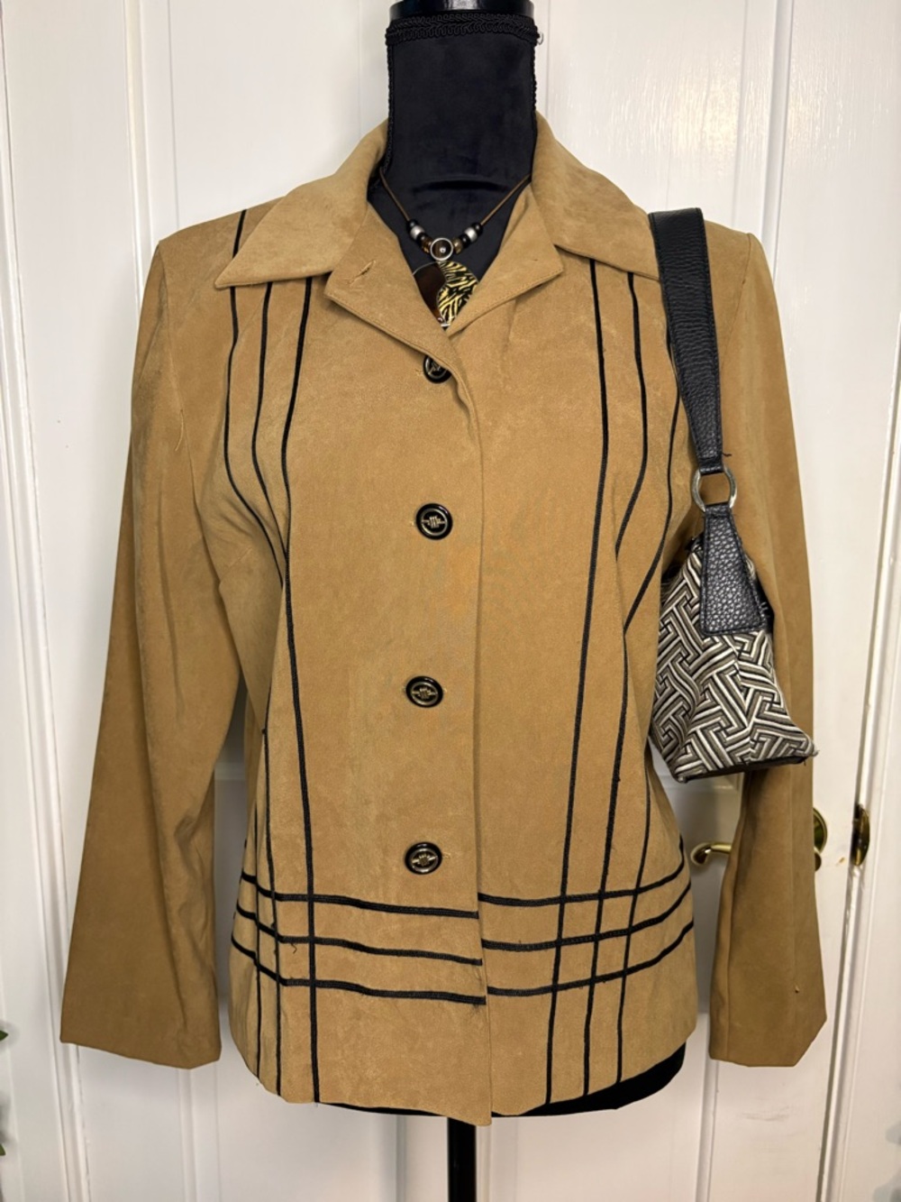 Vintage Women's Tan Blazer with Black Stripes